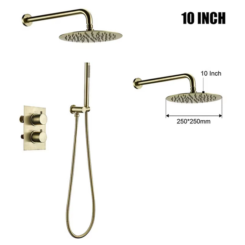Brushed Gold Thermostatic Mixer Diverter Set Bath Bathroom Shower Head Rianfall Luxury Combo Faucet Wall Mount Arm
