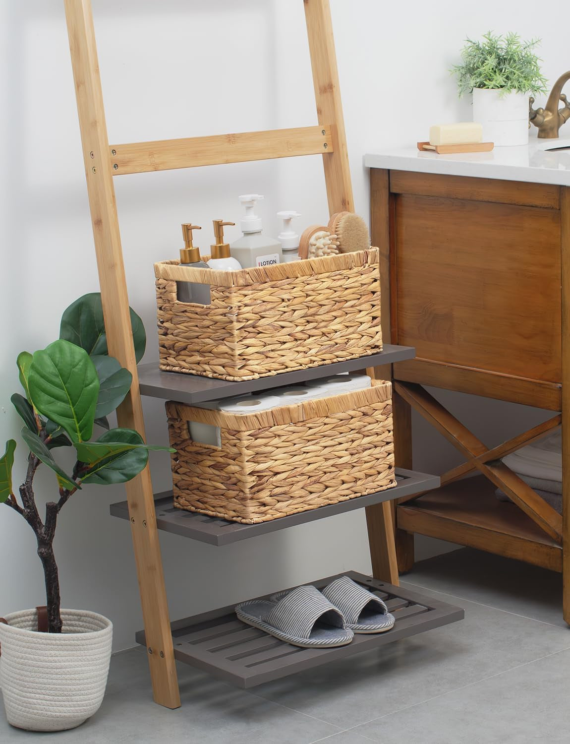 Wicker Storage Baskets for Shelves, Large Shelf Baskets with Handles, Rectangular Wicker Storage Boxes, Woven Basket for Organising Pantry Bathroom, Natural Water Hyacinth, 2-Pack