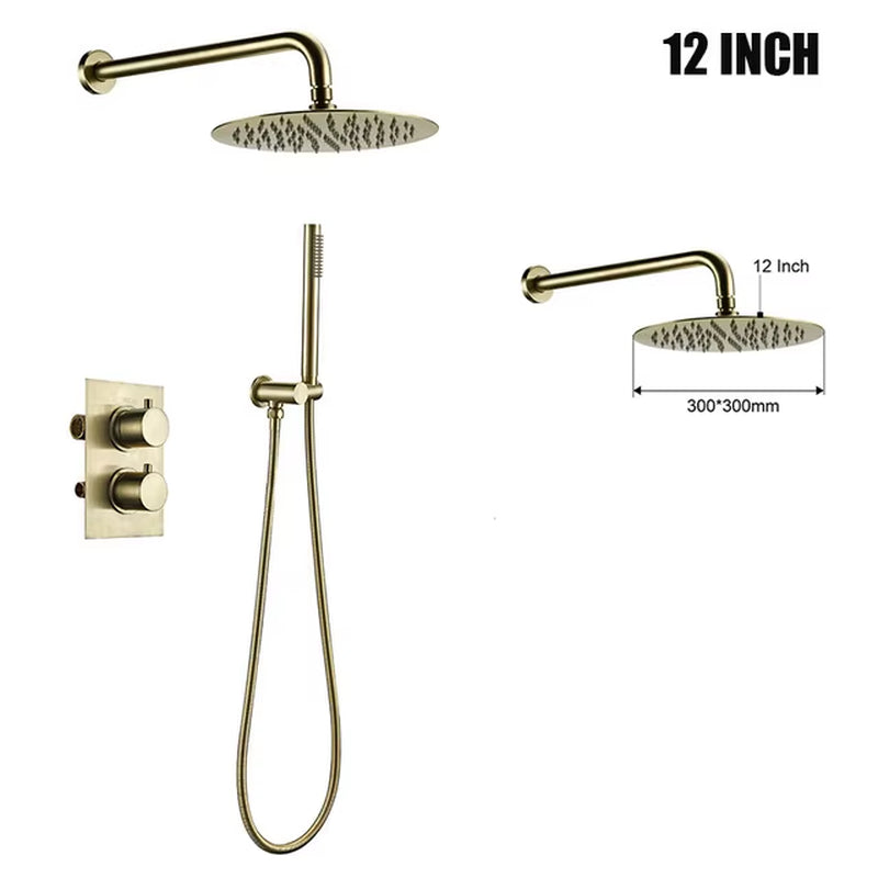 Brushed Gold Thermostatic Mixer Diverter Set Bath Bathroom Shower Head Rianfall Luxury Combo Faucet Wall Mount Arm