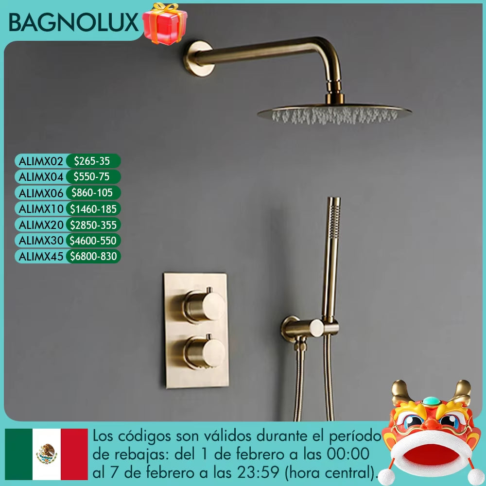 Brushed Gold Thermostatic Mixer Diverter Set Bath Bathroom Shower Head Rianfall Luxury Combo Faucet Wall Mount Arm