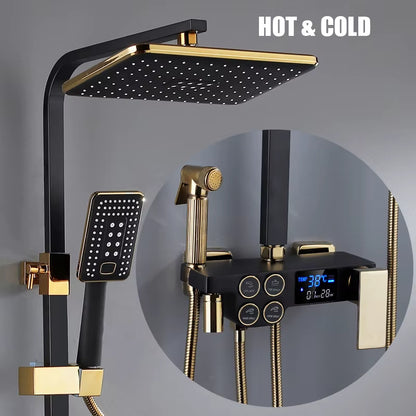 Hot Cold Shower System Bathroom LED Digital Shower Set Wall Mount Smart Thermostatic Bath Faucet Square Head SPA Rainfall Grifo