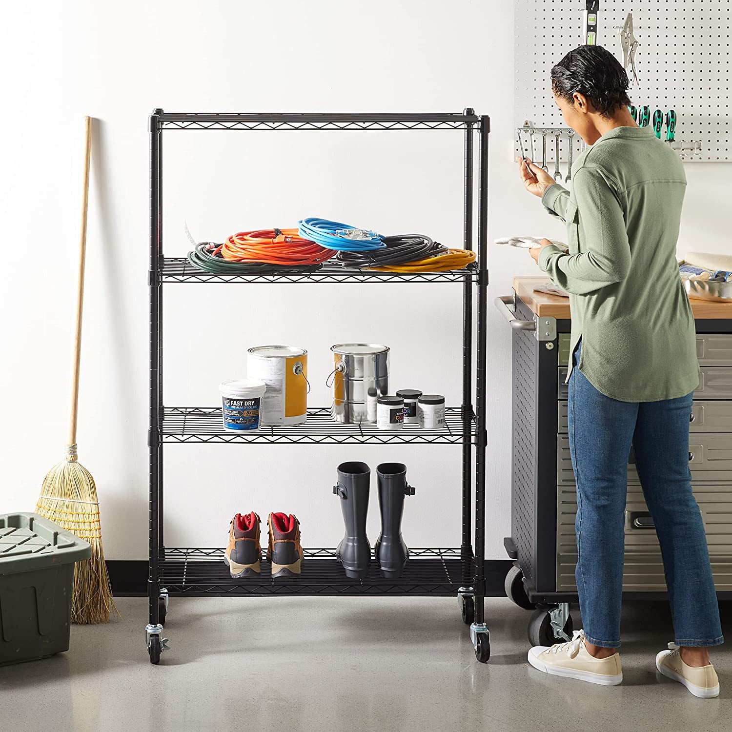 4-Shelf Storage Unit with Height Adjustable Shelves and Levelling Feet, 640 Kg Max Weight, Black, 35.6 Cm D X 91.4 Cm W X 137.1 Cm H
