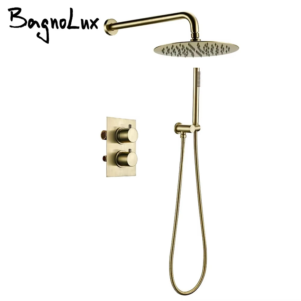 Brushed Gold Thermostatic Mixer Diverter Set Bath Bathroom Shower Head Rianfall Luxury Combo Faucet Wall Mount Arm