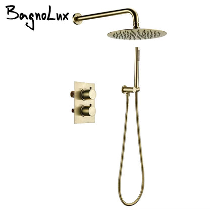 Brushed Gold Thermostatic Mixer Diverter Set Bath Bathroom Shower Head Rianfall Luxury Combo Faucet Wall Mount Arm