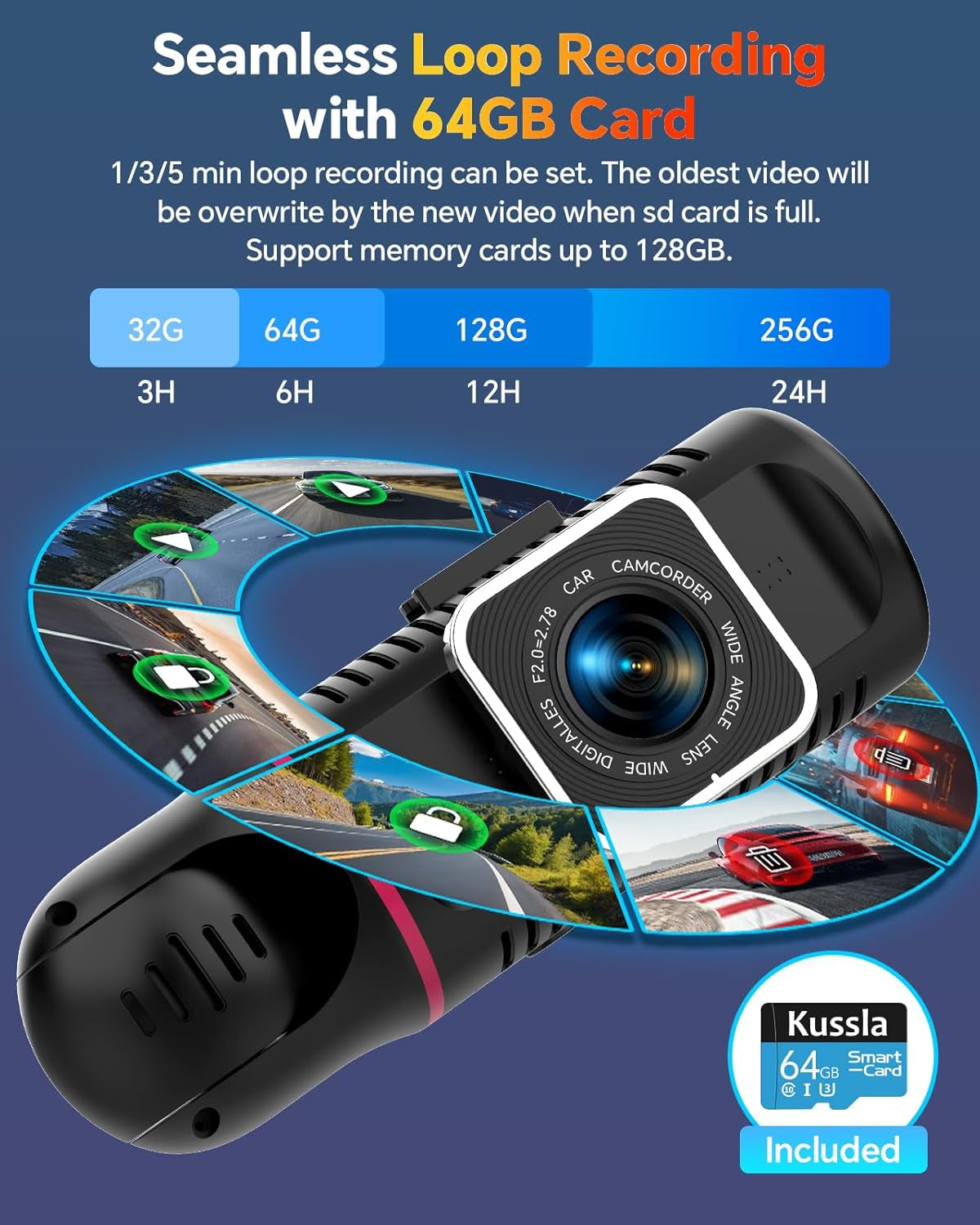 Dash Cam Front and Rear inside 3 Channel Dashcam for Cars 1080P with 64GB Card Adjustable Lens 3 Ways Triple Camera with Night Vision, G-Sensor, Loop Recording, Parking Monitor