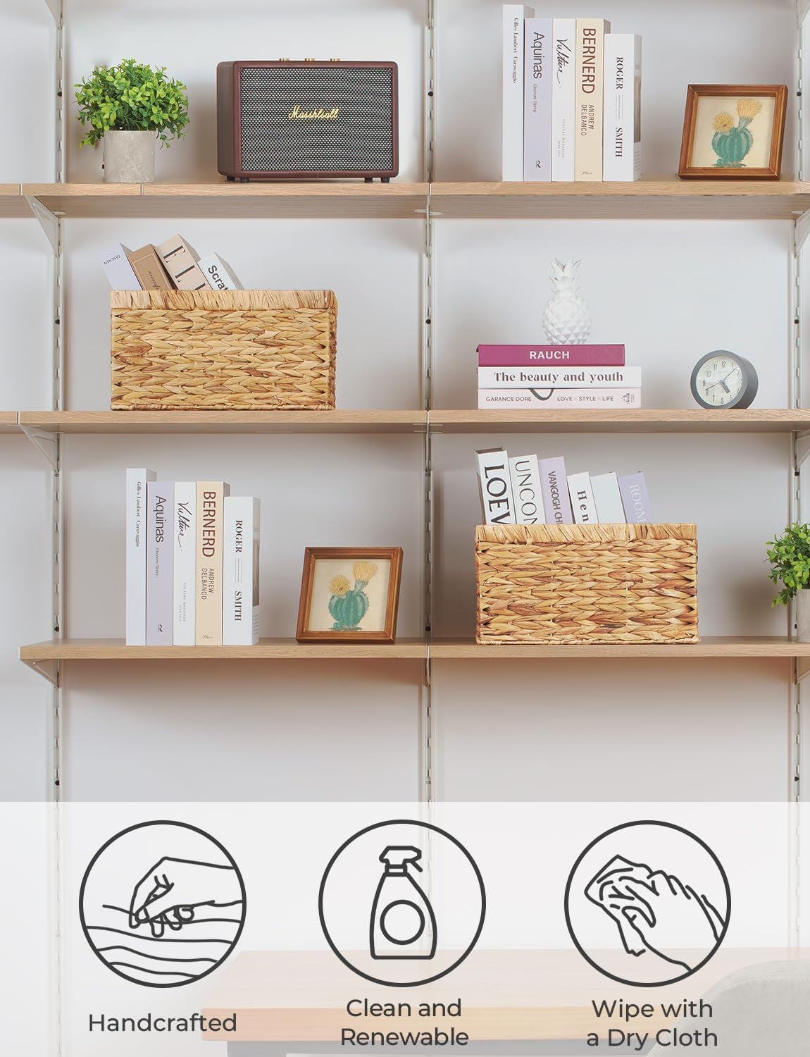Wicker Storage Baskets for Shelves, Large Shelf Baskets with Handles, Rectangular Wicker Storage Boxes, Woven Basket for Organising Pantry Bathroom, Natural Water Hyacinth, 2-Pack