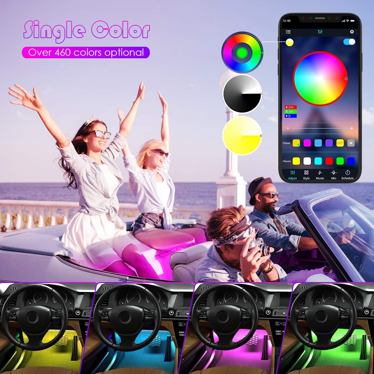 Bluetooth Car LED Strip Lights, Multi DIY Color Music under Dash Interior LED Lights with Sound Active Function