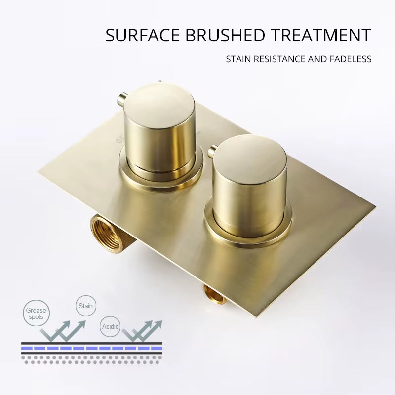Brushed Gold Thermostatic Mixer Diverter Set Bath Bathroom Shower Head Rianfall Luxury Combo Faucet Wall Mount Arm
