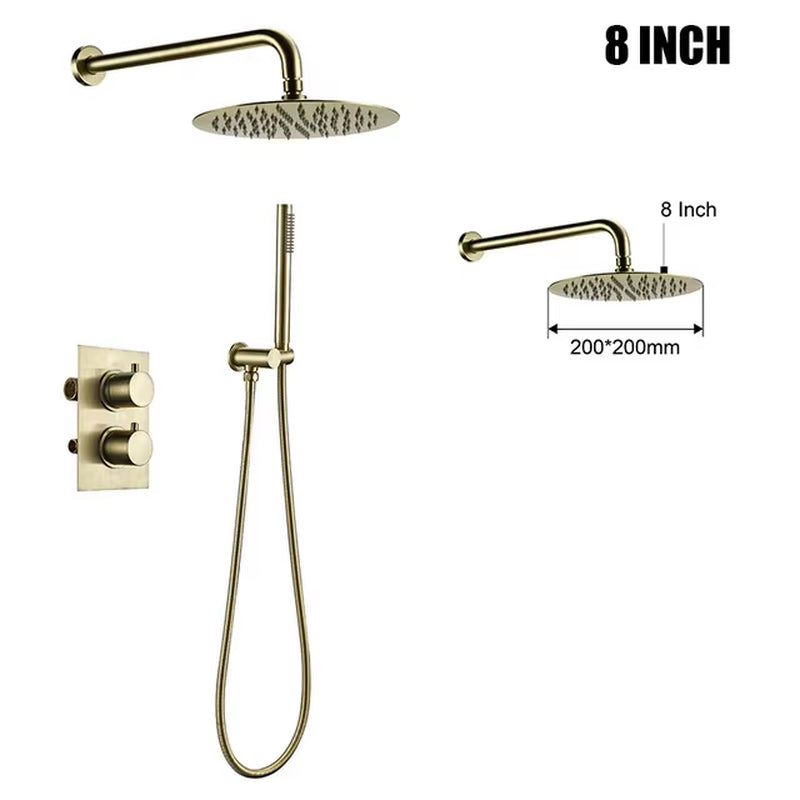Brushed Gold Thermostatic Mixer Diverter Set Bath Bathroom Shower Head Rianfall Luxury Combo Faucet Wall Mount Arm