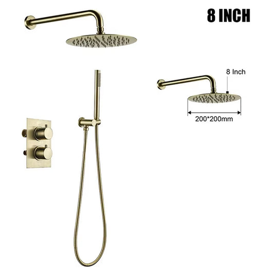 Brushed Gold Thermostatic Mixer Diverter Set Bath Bathroom Shower Head Rianfall Luxury Combo Faucet Wall Mount Arm