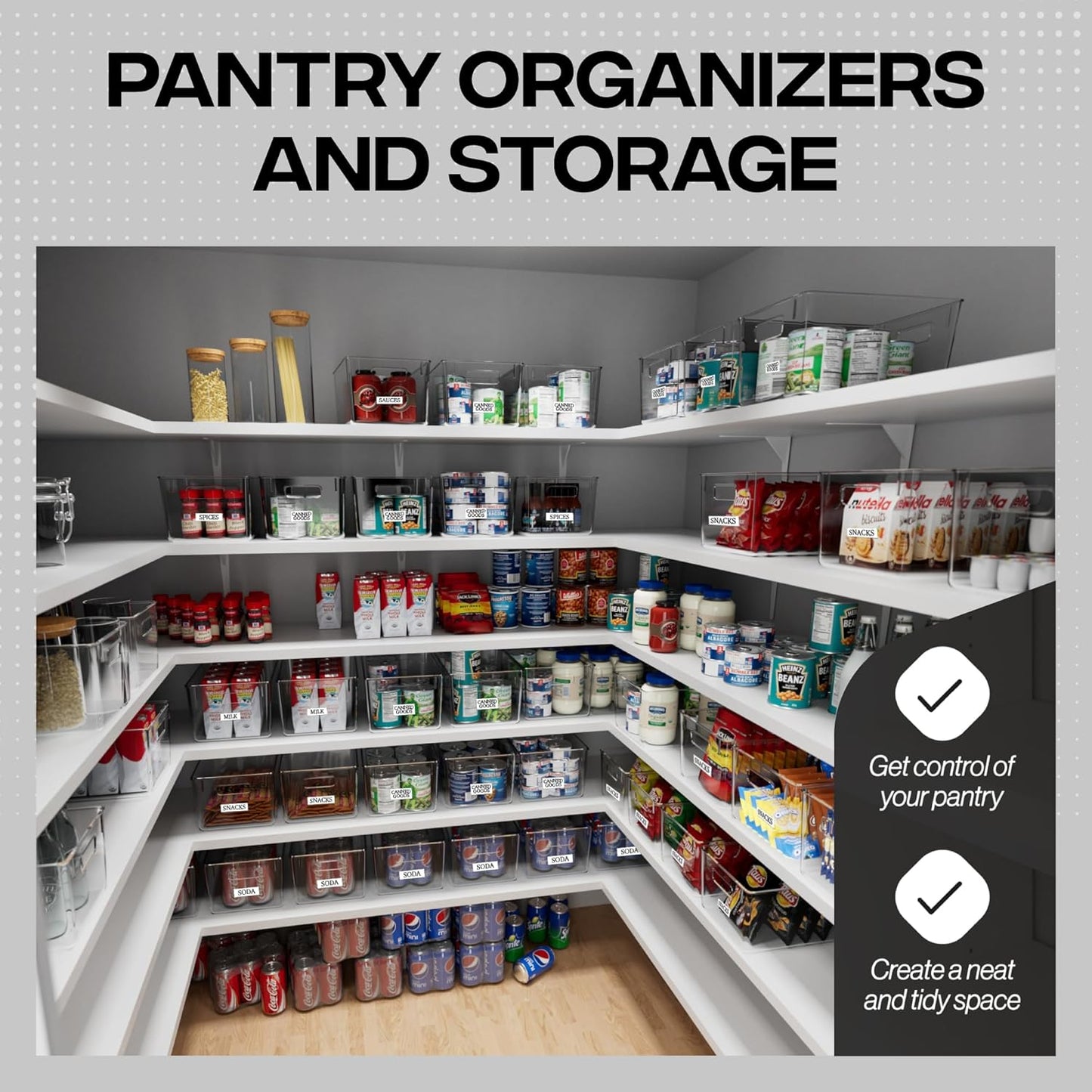 Plastic Storage Bins – Perfect Kitchen Organisation or Pantry Storage – Fridge Organiser, Pantry Organisation and Storage Bins, Cabinet Organisers - 4 Pack